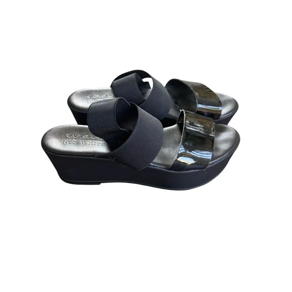 Ron White Rapisardi Black Strappy Elastic Leather Platform Sandals 38